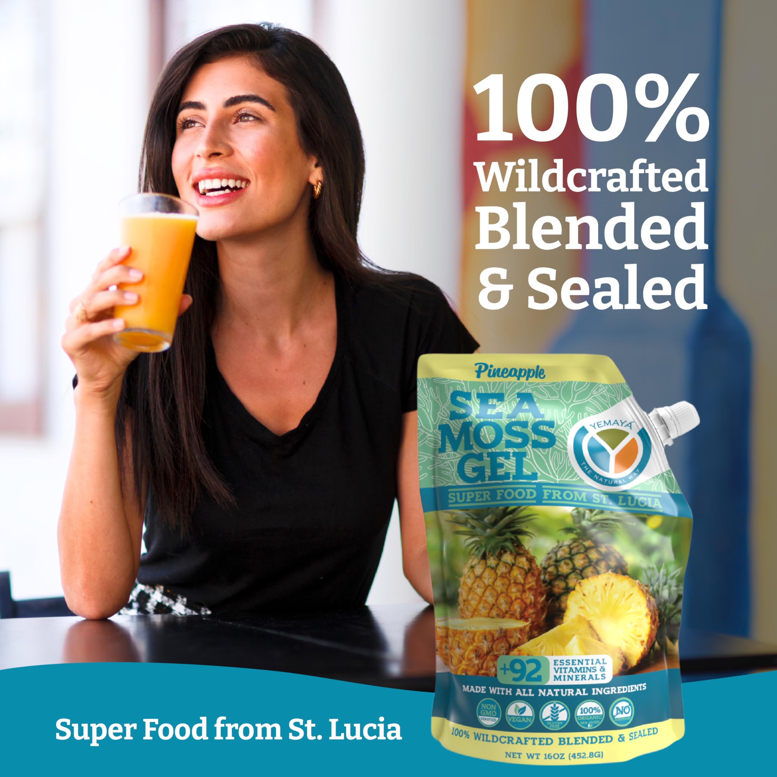 Yemaya Sea Moss Gel label highlights wildcrafted origin and pineapple infusion