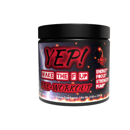 Yep Strength Wake The Faith Up canister in Cherry Bomb ready for high-energy workouts.