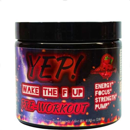 Yep Strength Wake The Faith Up canister close-up showing premium ingredients and flavor label.