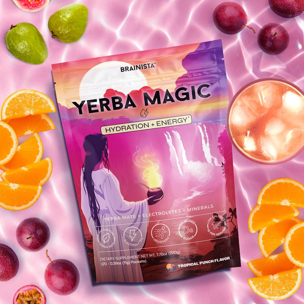 Pouring Yerba Magic Tropical Punch into a glass for refreshment