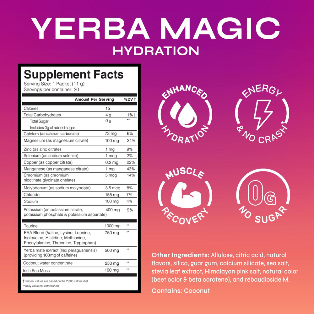 Close-up of Yerba Magic Tropical Punch stick pack for quick energy