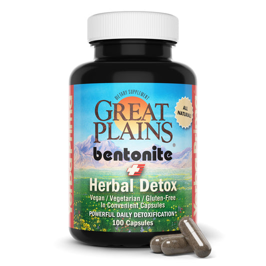 Yerba Prima Bentonite Clay Plus Herbal Detox capsules bottle for convenient daily detox support.