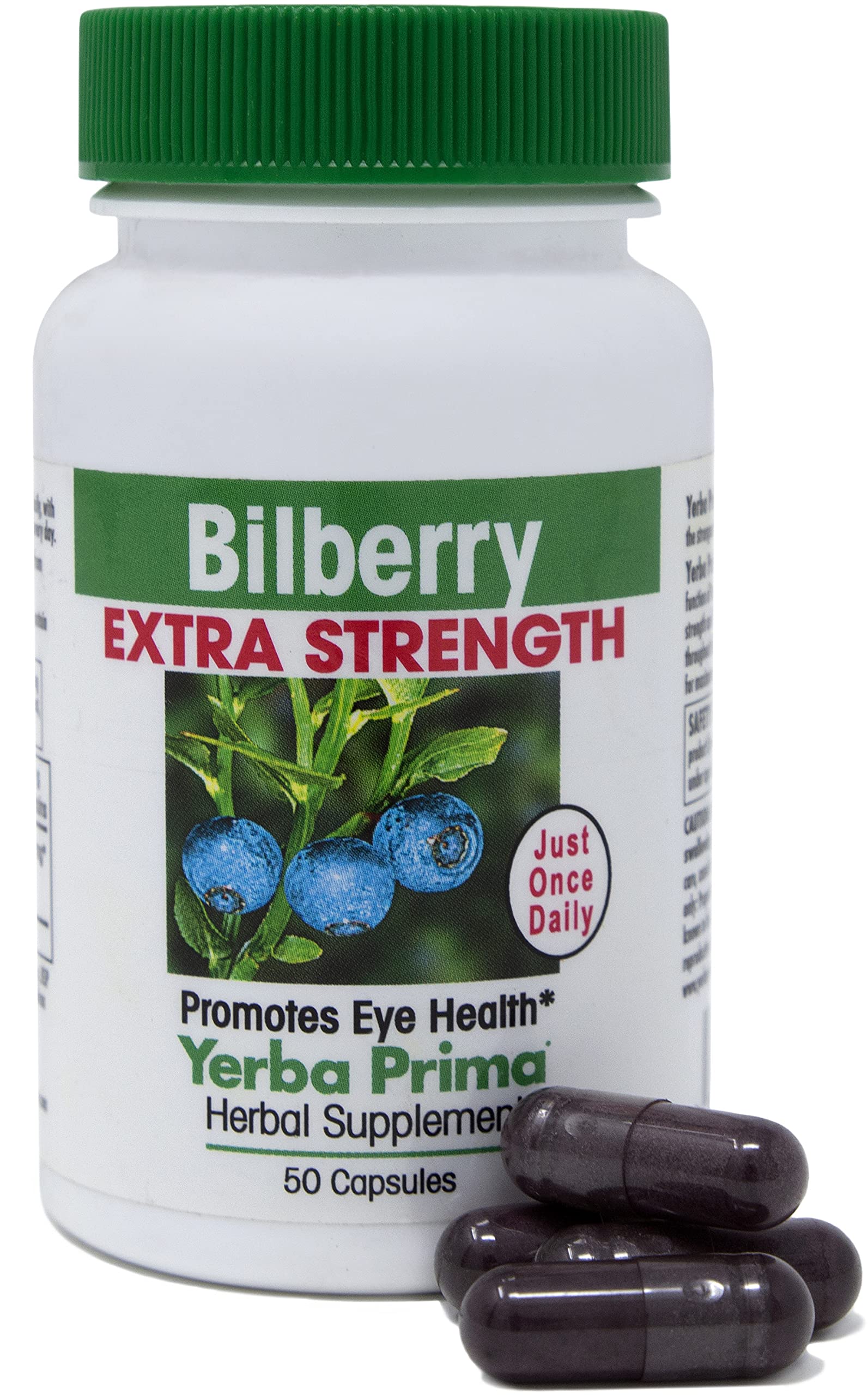 Yerba Prima Bilberry Extra Strength bottle with one-a-day capsules for eye support.