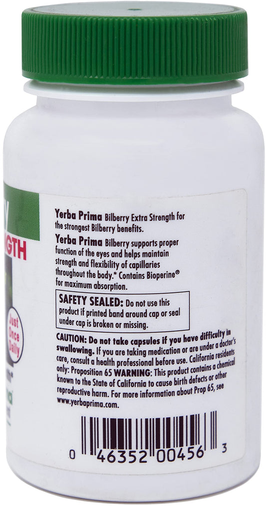 Yerba Prima Bilberry Extra Strength capsules for easy daily use and eye health.