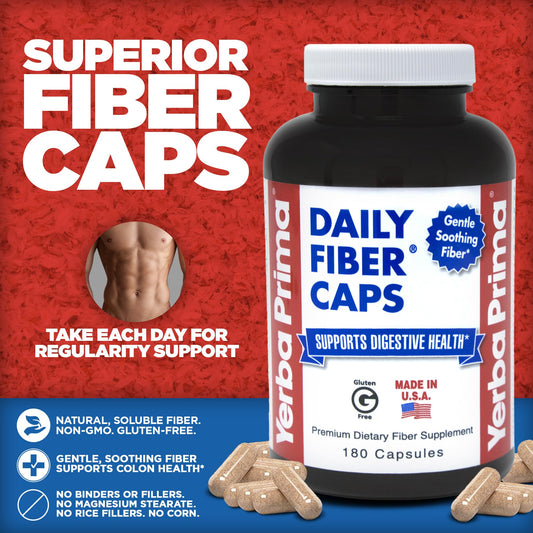 Yerba Prima Daily Fiber Caps bottle back with nutrition info and no added sugar