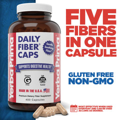 Yerba Prima Daily Fiber Caps bottle back with five-fiber blend details.