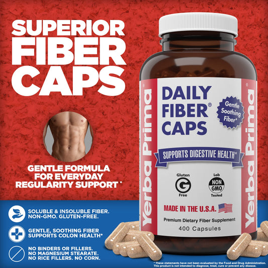 Close-up of Yerba Prima Daily Fiber Caps bottle cap for easy dosing