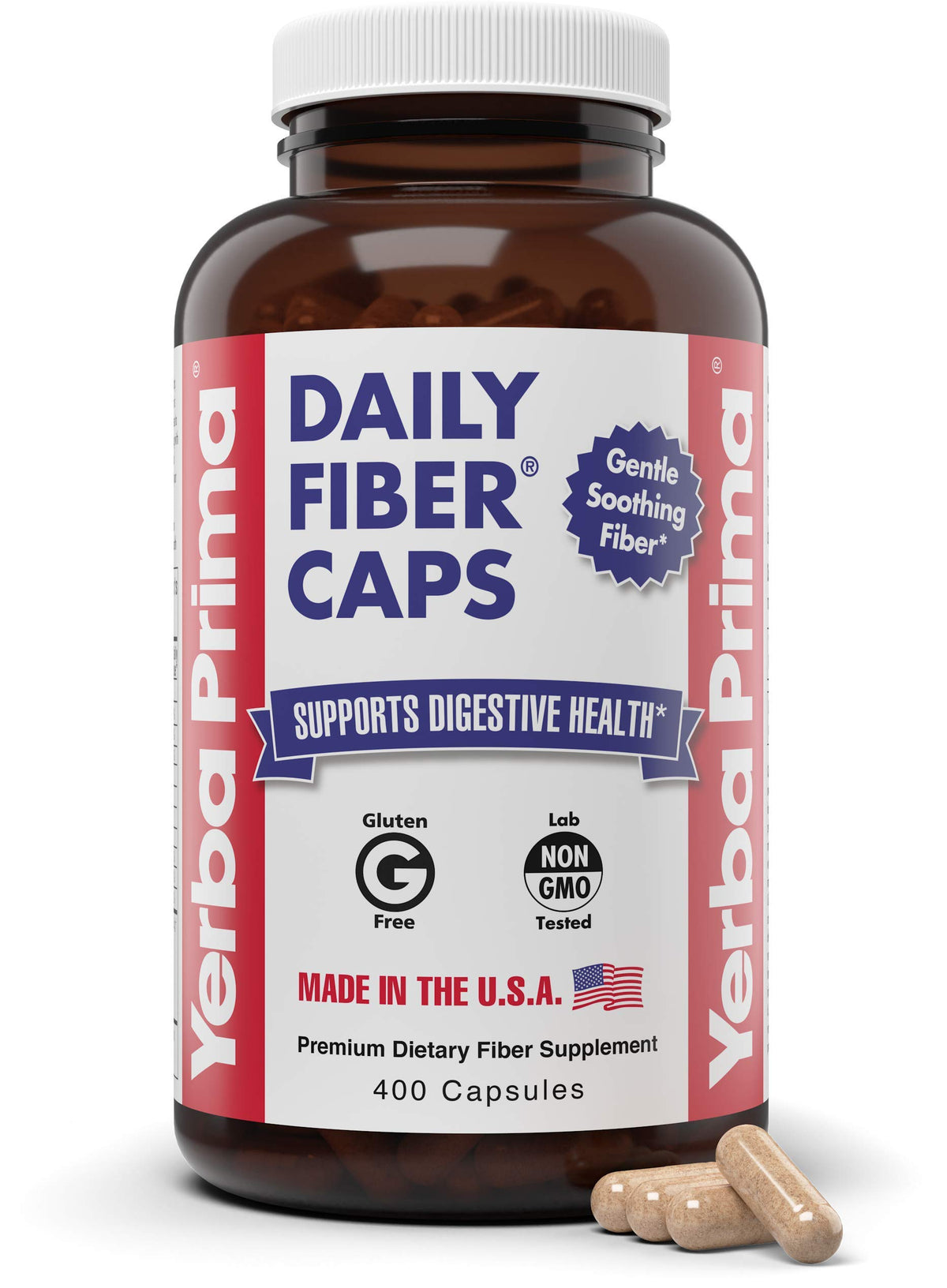 Yerba Prima Daily Fiber Caps bottle front for easy daily fiber support