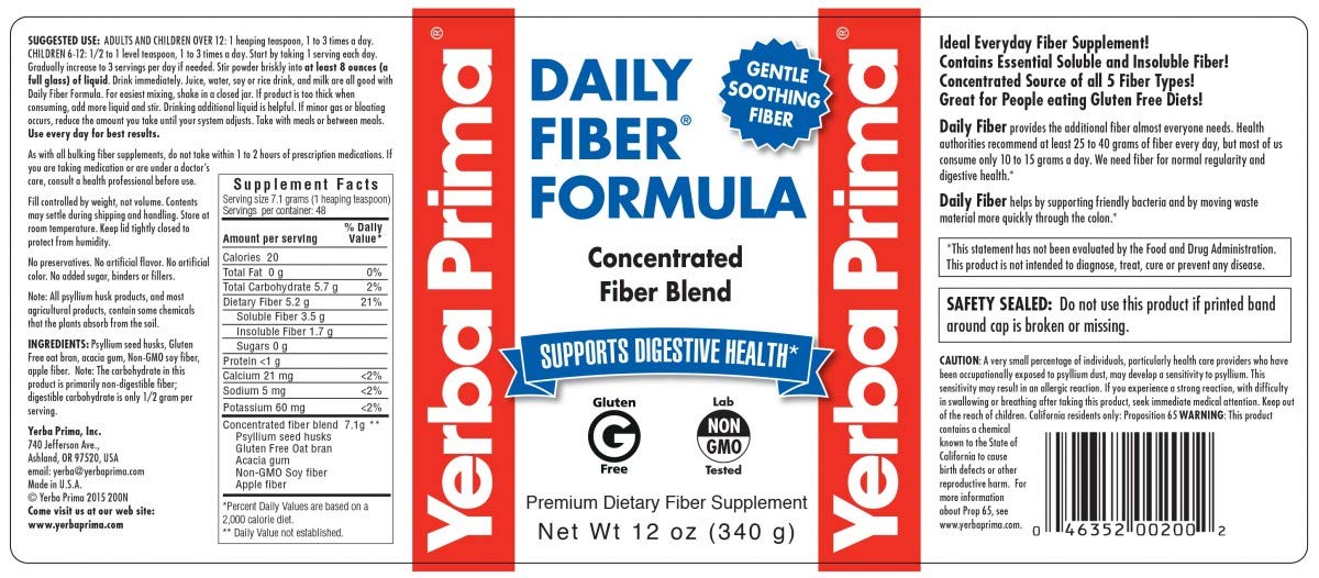Yerba Prima Daily Fiber Formula bottle label highlights vegan and gluten-free formulation