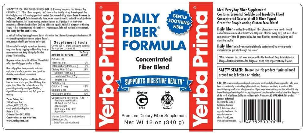 Yerba Prima Daily Fiber Formula bottle label highlights vegan and gluten-free formulation