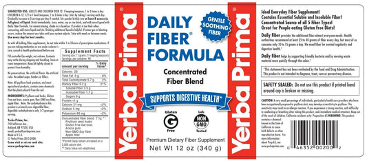 Yerba Prima Daily Fiber Formula bottle label highlights vegan and gluten-free formulation
