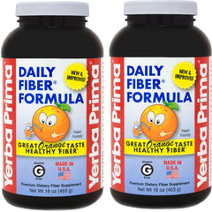 Yerba Prima Daily Fiber Formula orange powder jar for convenient daily fiber.