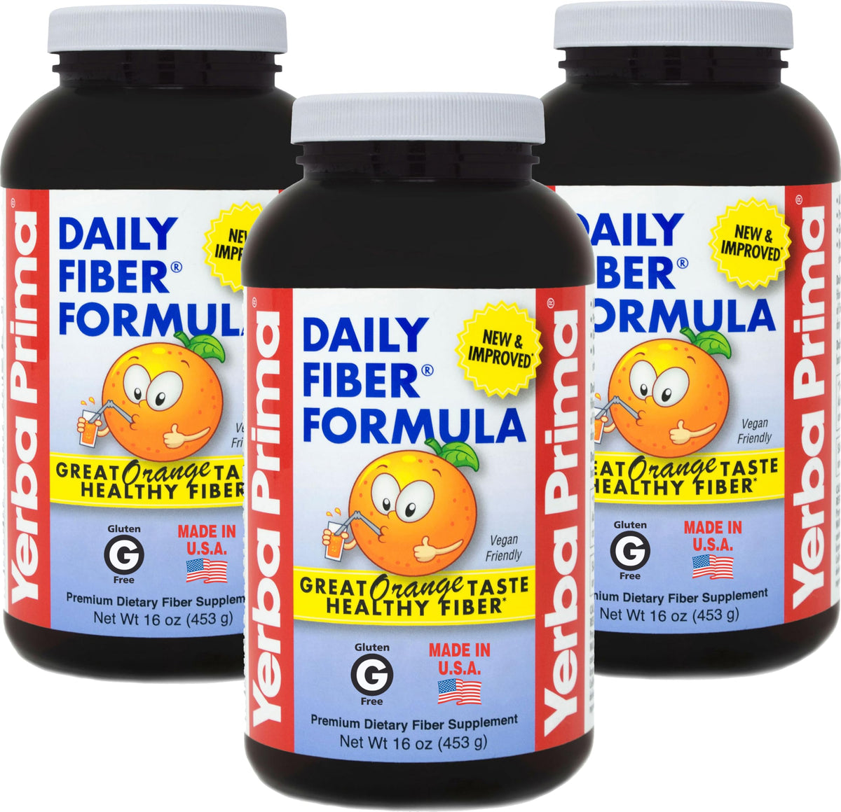 Yerba Prima Daily Fiber Formula orange tub provides easy daily fiber support for regularity.