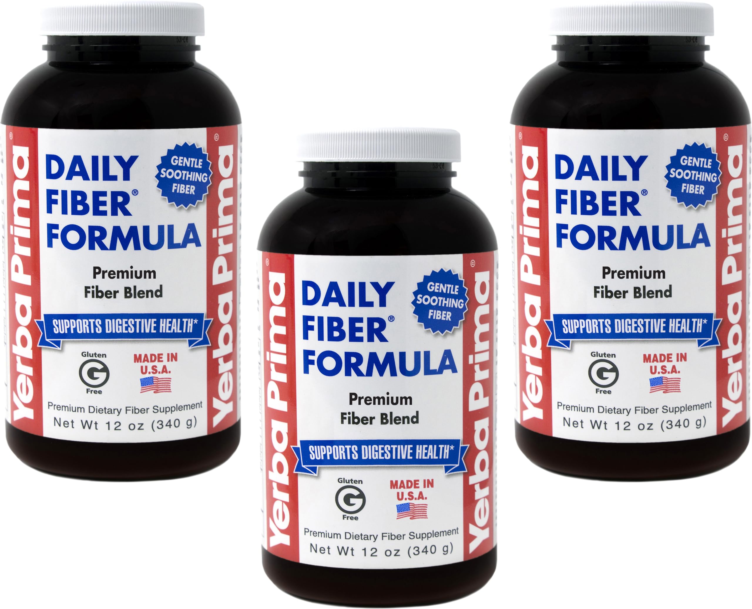 Yerba Prima Daily Fiber Formula powder in three-pack packaging supports daily regularity