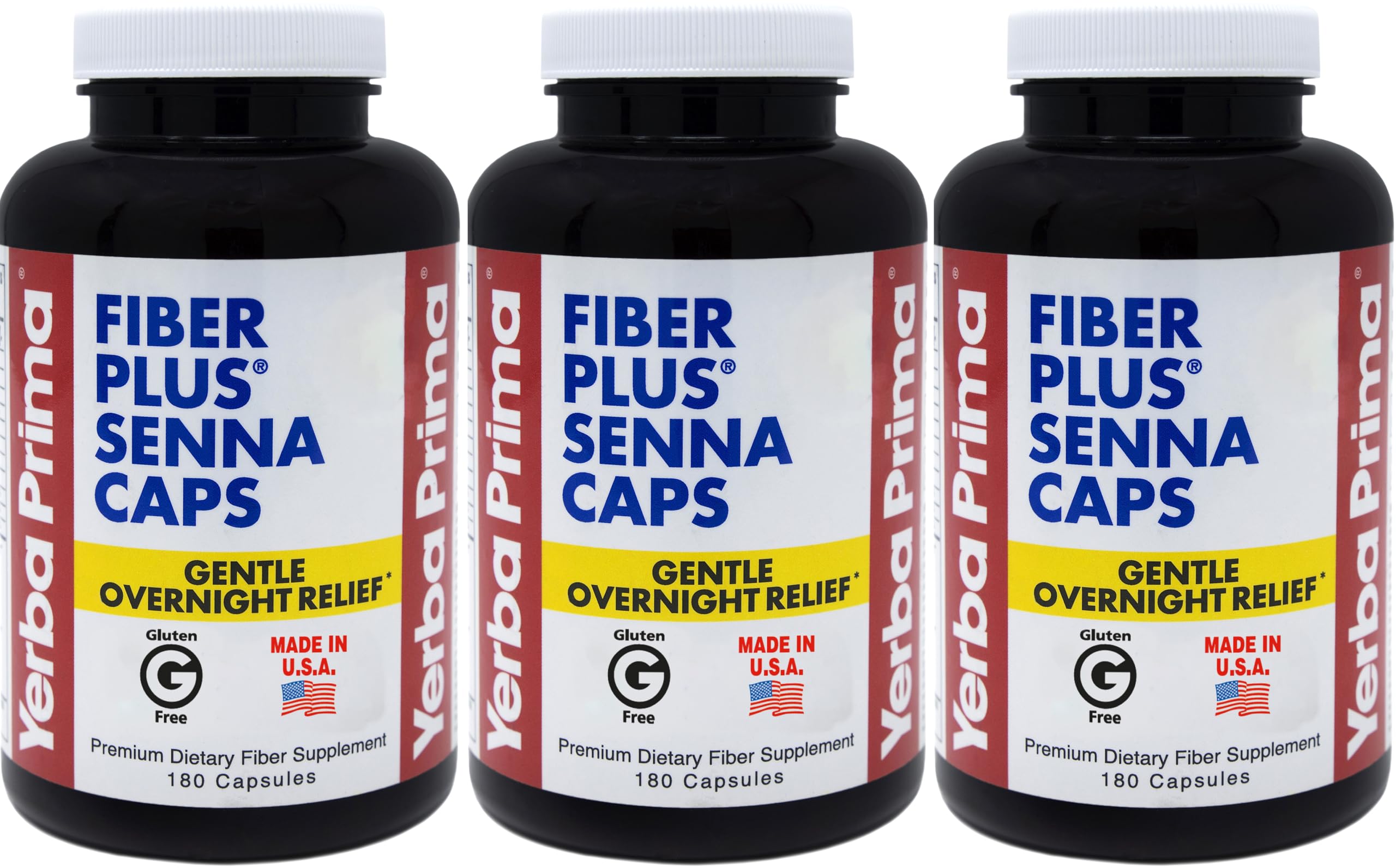 Yerba Prima Fiber Plus Senna capsules bottle for gentle overnight regularity