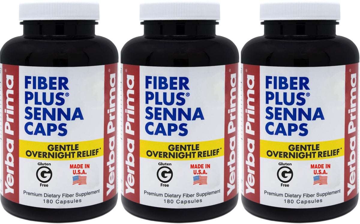 Yerba Prima Fiber Plus Senna capsules bottle for gentle overnight regularity