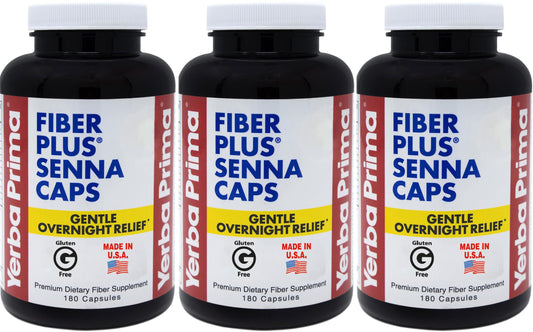 Yerba Prima Fiber Plus Senna capsules bottle for gentle overnight regularity