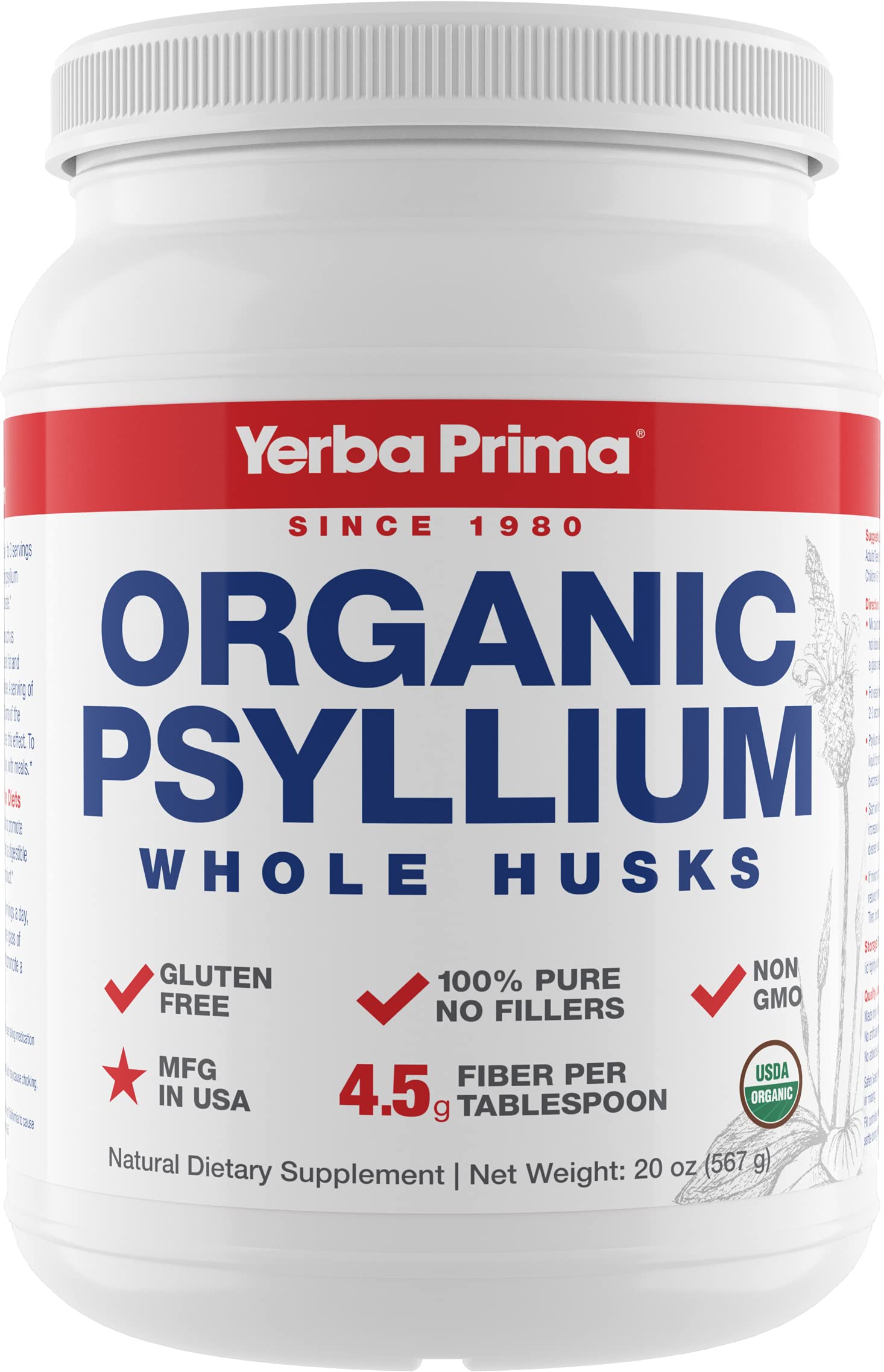 Yerba Prima Organic Psyllium bottle showing 20 oz size for daily fiber support