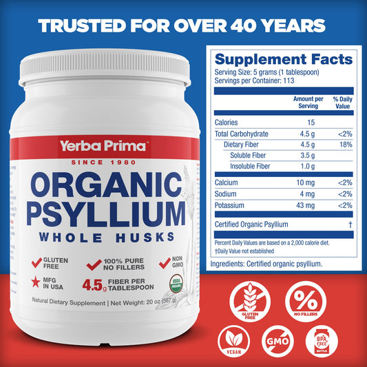 Yerba Prima label close-up highlighting organic certification and pure psyllium