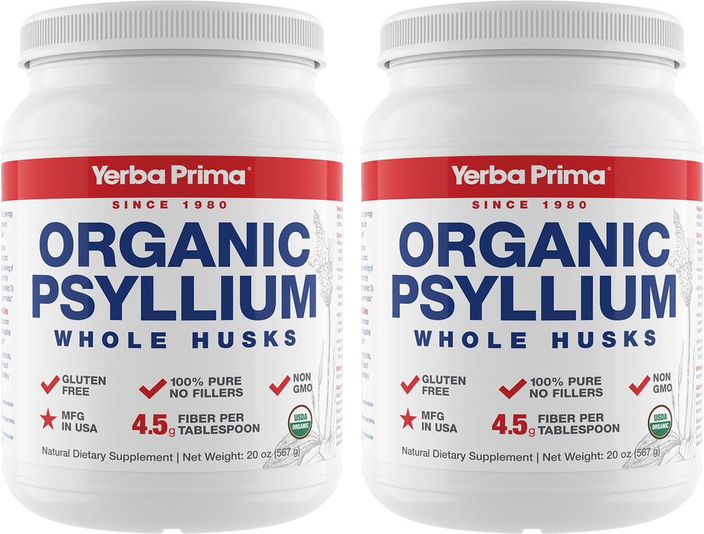 Yerba Prima psyllium husk bottle front with clean packaging.