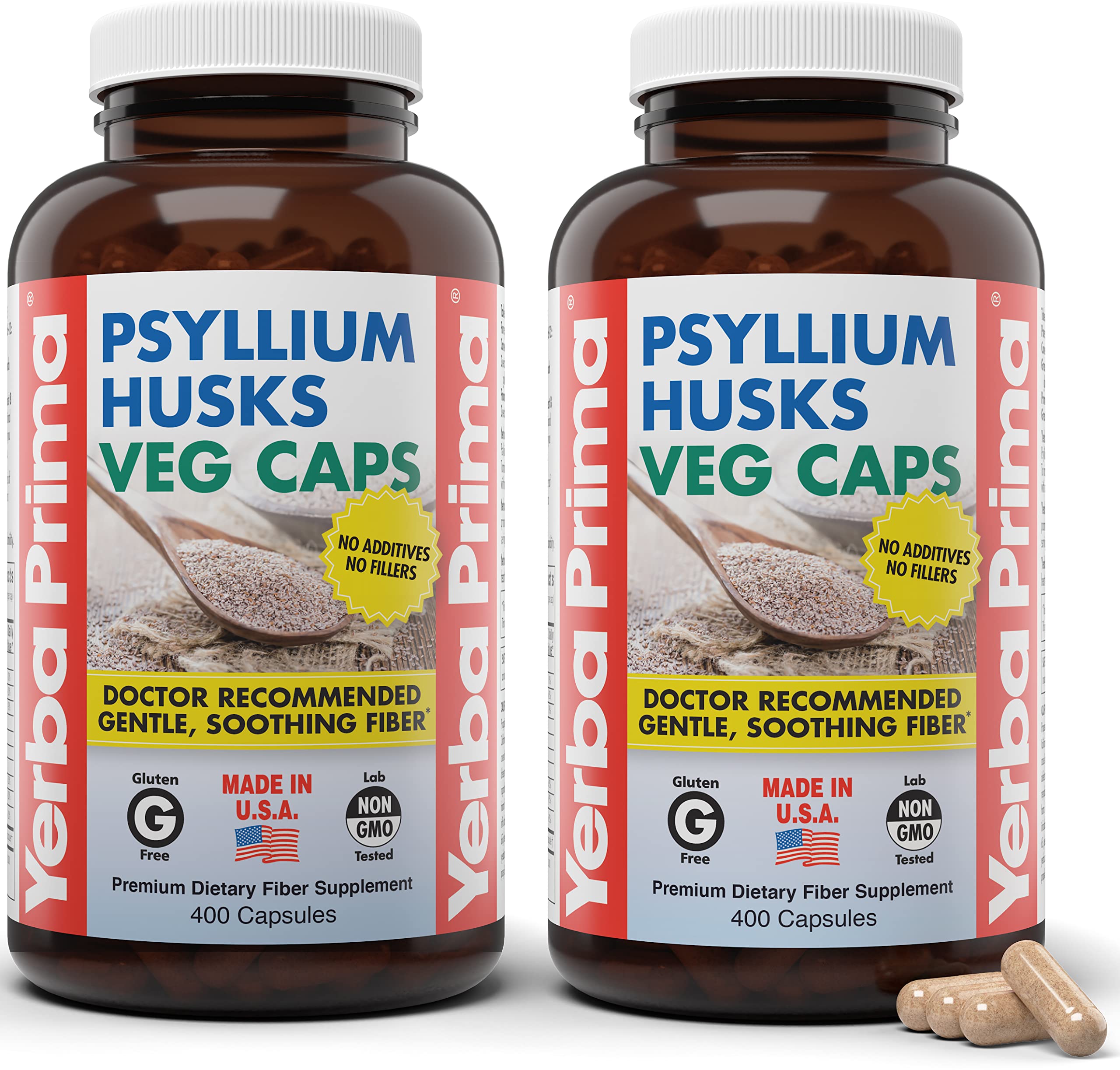 Yerba Prima psyllium husk capsules in bottle front for daily fiber support.