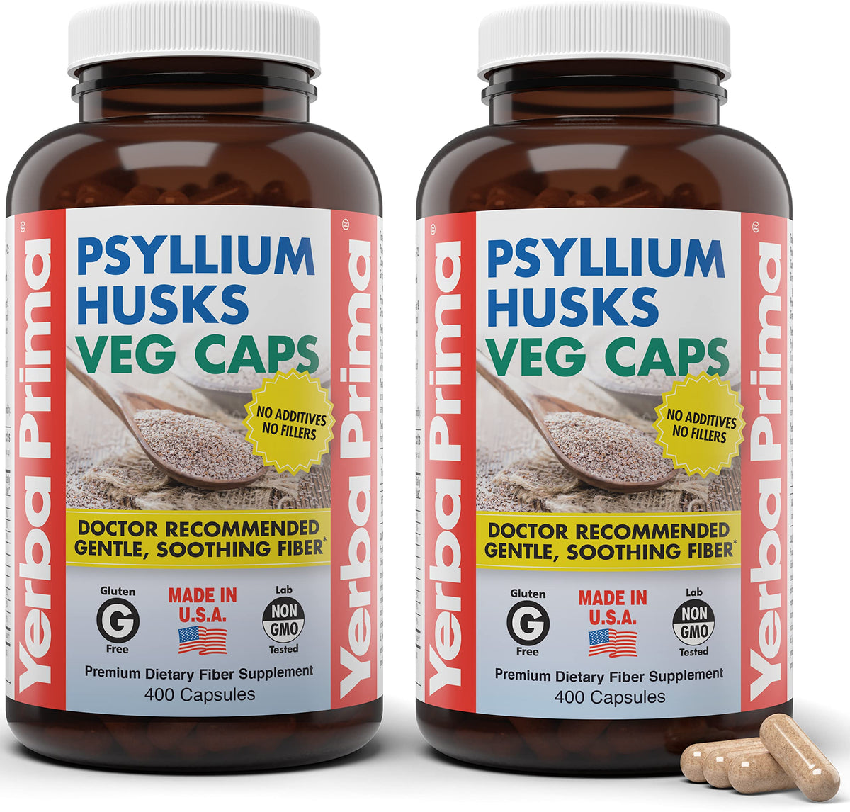 Yerba Prima psyllium husk capsules in bottle front for daily fiber support.
