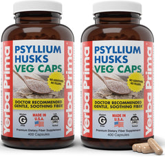 Yerba Prima psyllium husk capsules in bottle front for daily fiber support.