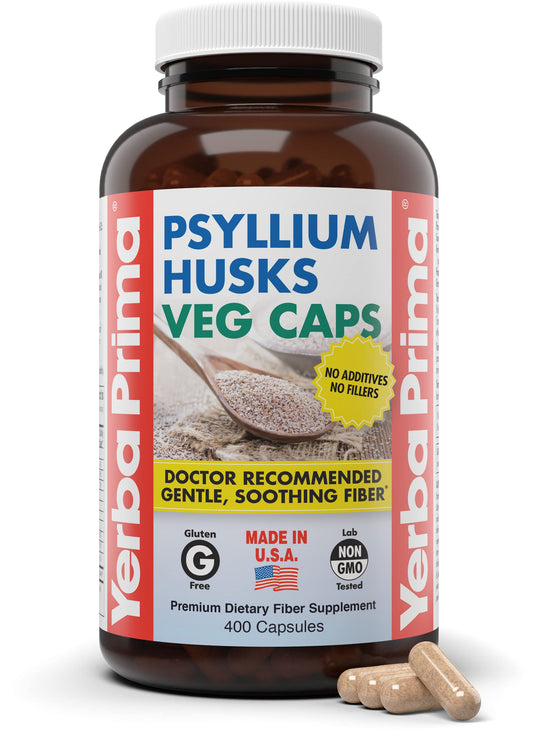 Yerba Prima psyllium husk capsules bottle for daily fiber and gut support.