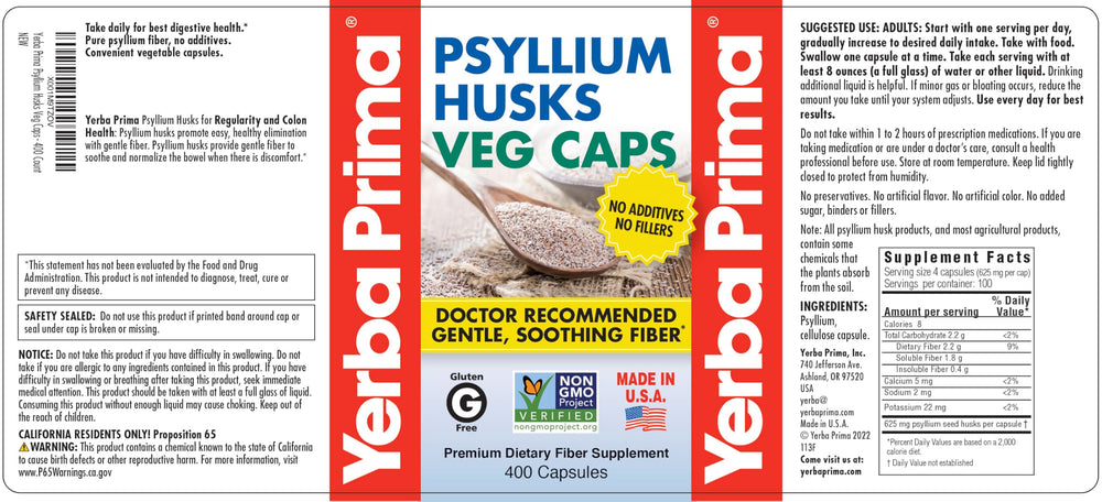 Yerba Prima psyllium husk capsules packaging highlights vegan, gluten-free fiber.