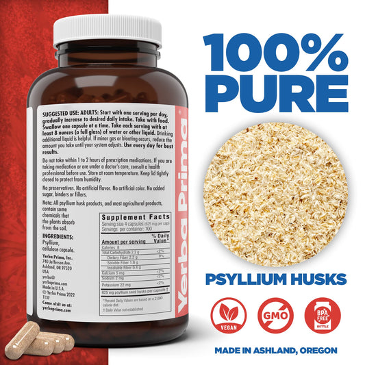 Yerba Prima psyllium husk capsules pouring, illustrating quick daily fiber for regularity.