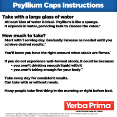 Yerba Prima Psyllium Husks Caps dosage chart shows 1–3 servings daily with meals