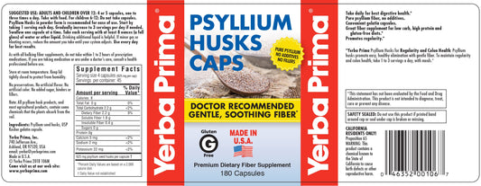 Yerba Prima Psyllium Husk Caps label close-up highlighting ingredients
