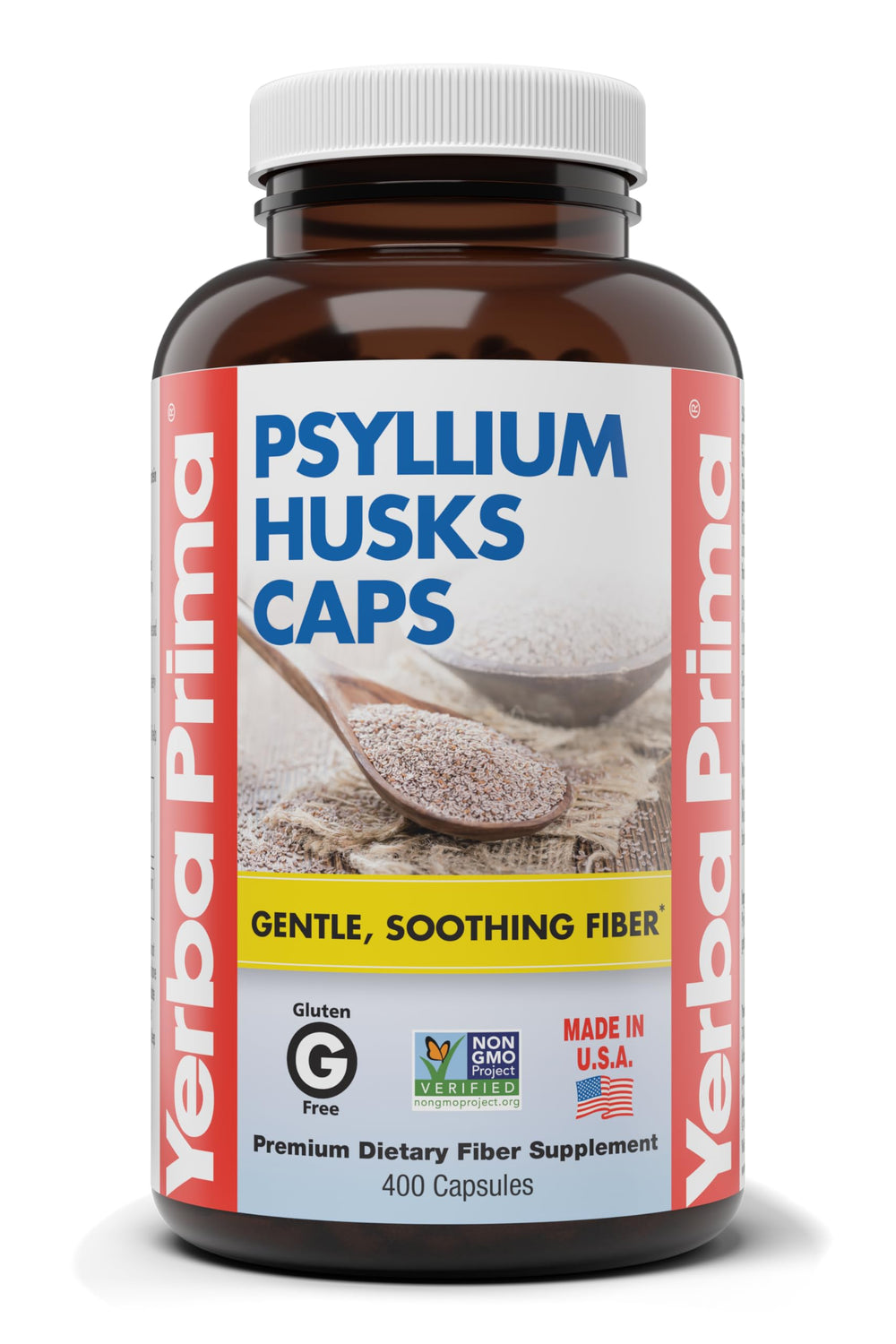 Yerba Prima Psyllium Husks Capsules bottle offers daily fiber support for gentle regularity.