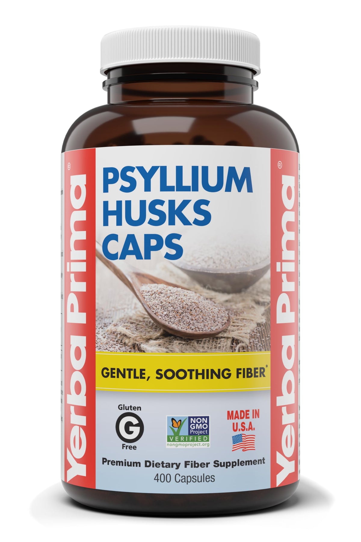 Yerba Prima Psyllium Husks Capsules bottle offers daily fiber support for gentle regularity.