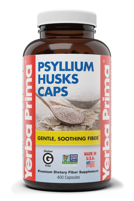 Yerba Prima Psyllium Husks Capsules bottle offers daily fiber support for gentle regularity.