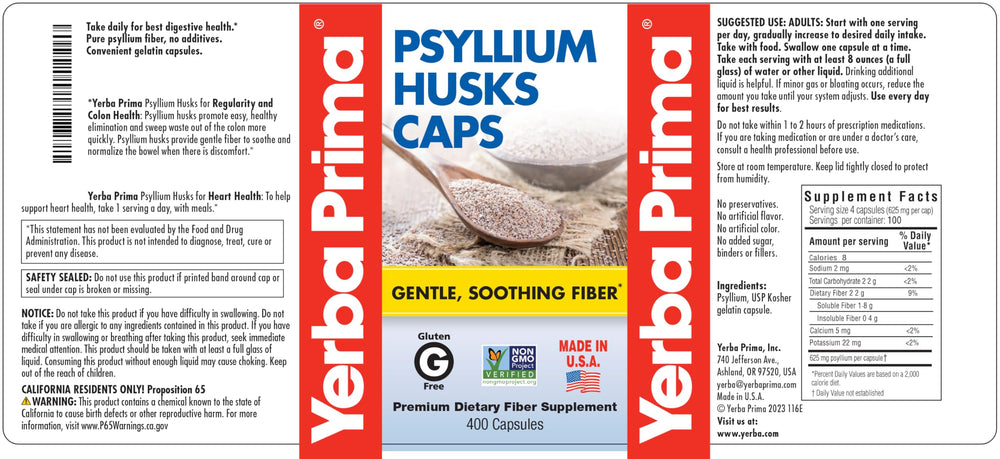 Yerba Prima packaging shot communicates gluten-free, additive-free fiber supplement.