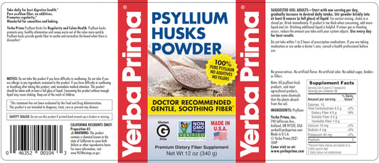 Back panel of Yerba Prima psyllium powder bottle showing non-GMO and gluten-free claims