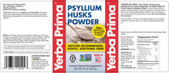 Back panel of Yerba Prima psyllium powder bottle showing non-GMO and gluten-free claims