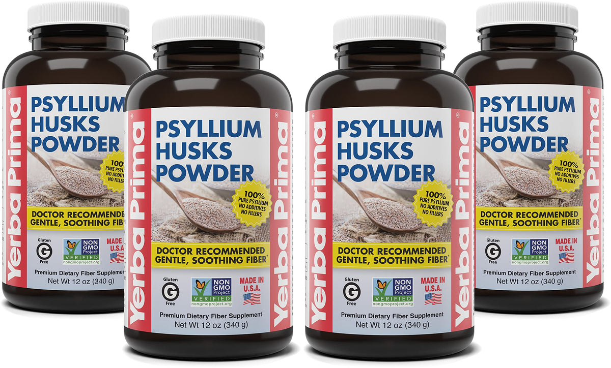 Yerba Prima psyllium husks powder bottle front for natural fiber support and regularity
