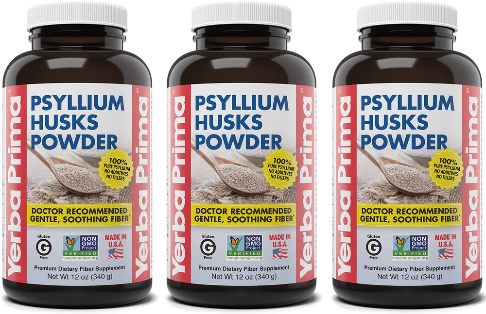 Yerba Prima psyllium husks powder bottle for daily fiber support.