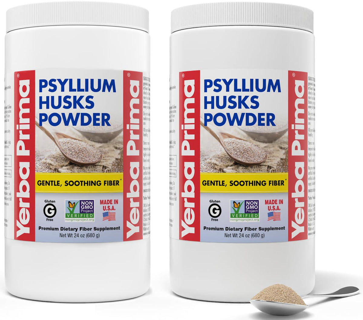 Yerba Prima psyllium husks powder bottle highlights fiber support for regularity.