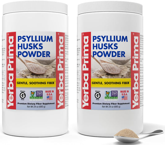 Yerba Prima psyllium husks powder bottle highlights fiber support for regularity.