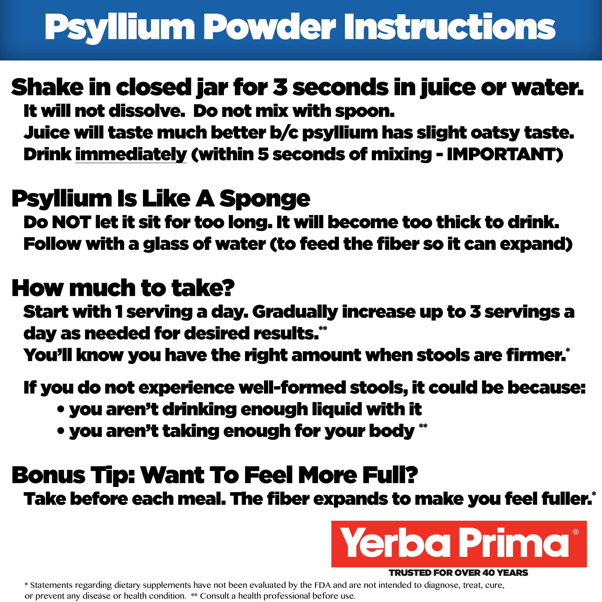 Yerba Prima psyllium husks powder measuring spoon image shows simple daily usage.