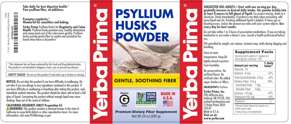 Yerba Prima psyllium husks powder mixing in liquid shows quick, smooth blending.