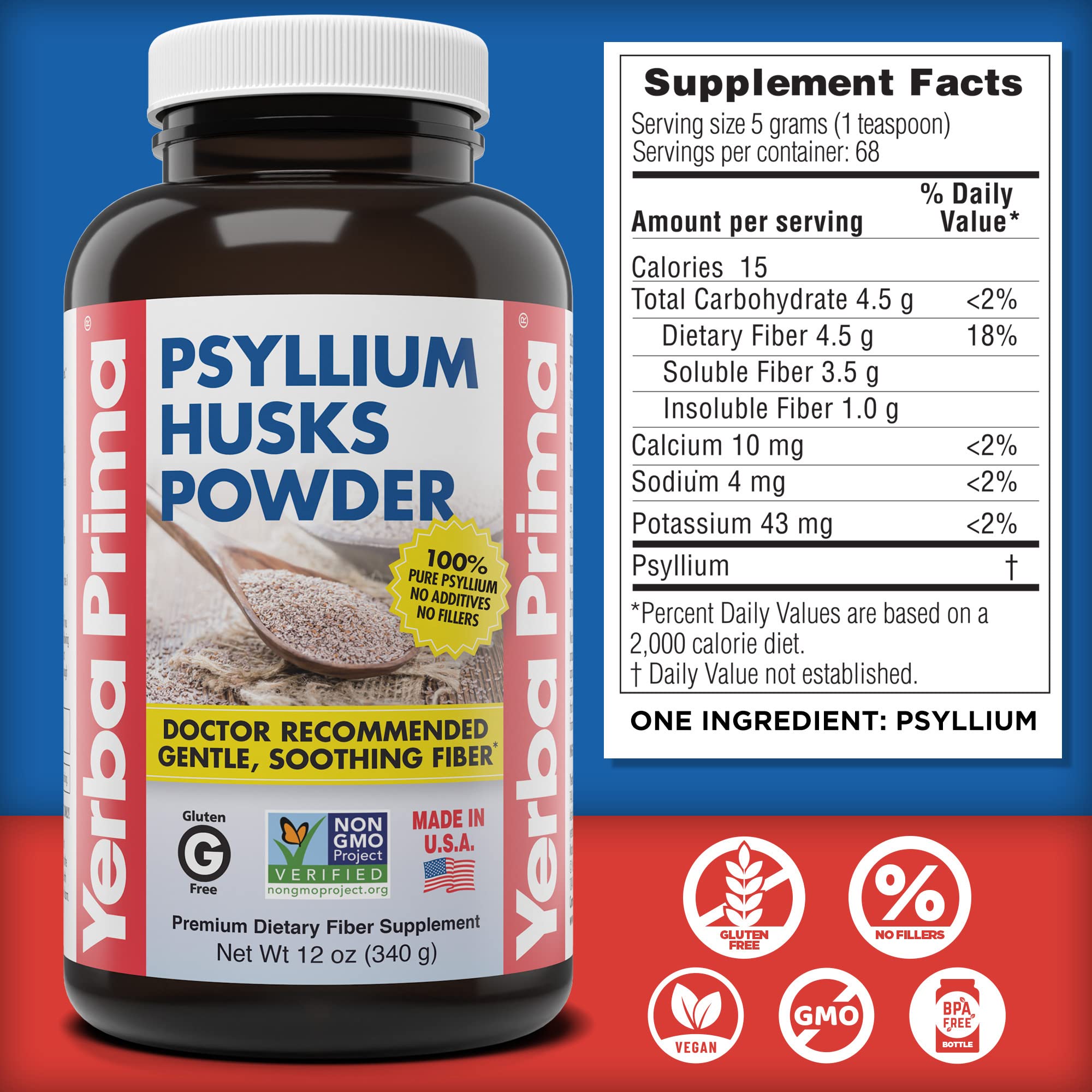 Measuring scoop with Yerba Prima psyllium powder for daily fiber intake