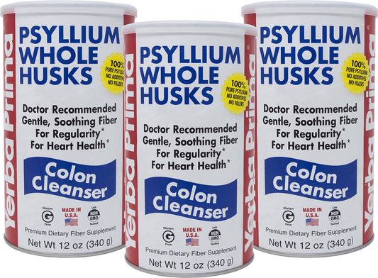 Yerba Prima Psyllium Whole Husks bottle front, promoting regularity with premium fiber