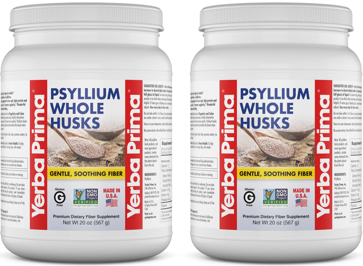 Yerba Prima bottle front with psyllium husk—natural fiber for daily wellness.