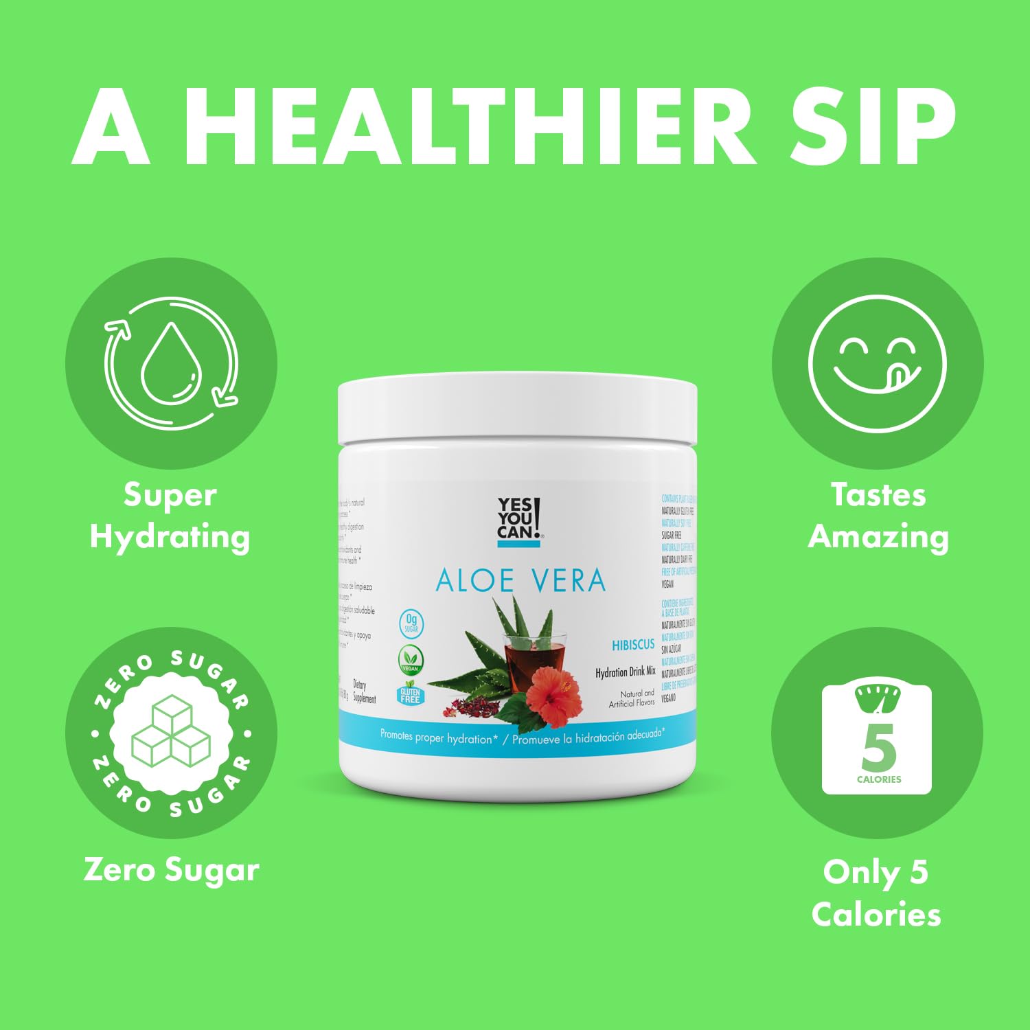 Yes You Can Aloe Vera Drink Mix glass with hibiscus for flavorful, refreshing hydration.