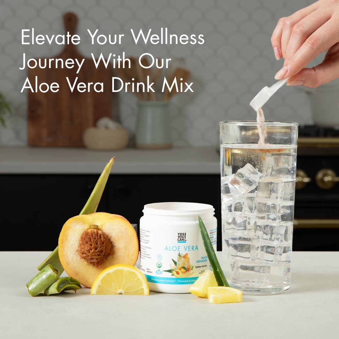 Yes You Can! Aloe Vera Drink Mix poured over ice for peach lemonade vibe.