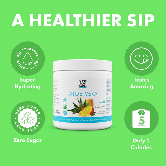 Pour Yes You Can mango aloe vera drink into a glass for hydration.